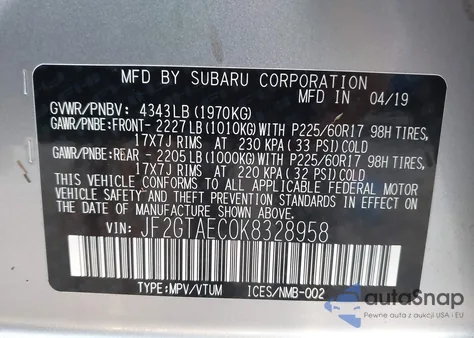 2019 Subaru Crosstrek 2.0I Premium from USA, damaged, VIN JF2GTAEC0K8328958